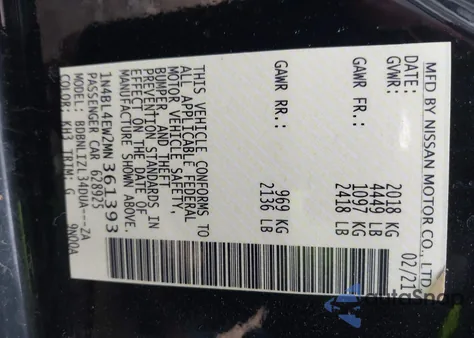 2021 Nissan Altima Sl Intelligent Awd from USA, damaged, VIN 1N4BL4EW2MN361393